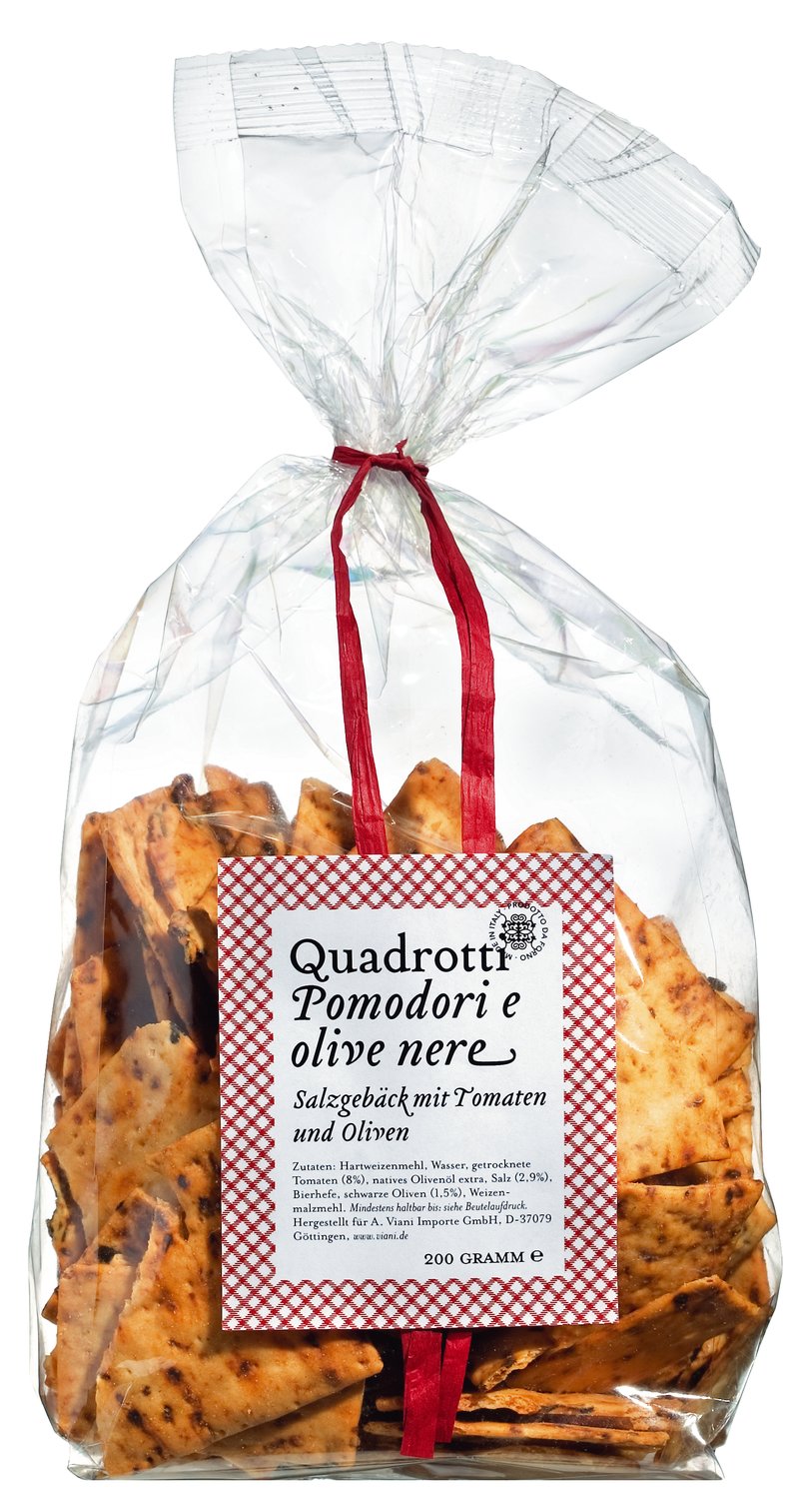 Quadrotti con Pomodori secchi e olive, Salzgebäck mit getrockneten Tomaten und schwarzen Oliven